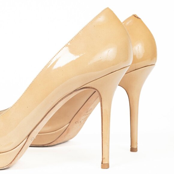 Jimmy Choo Luna Tan Patent-Leather Peep-Toe Platform Pumps - Picture 8 of 9